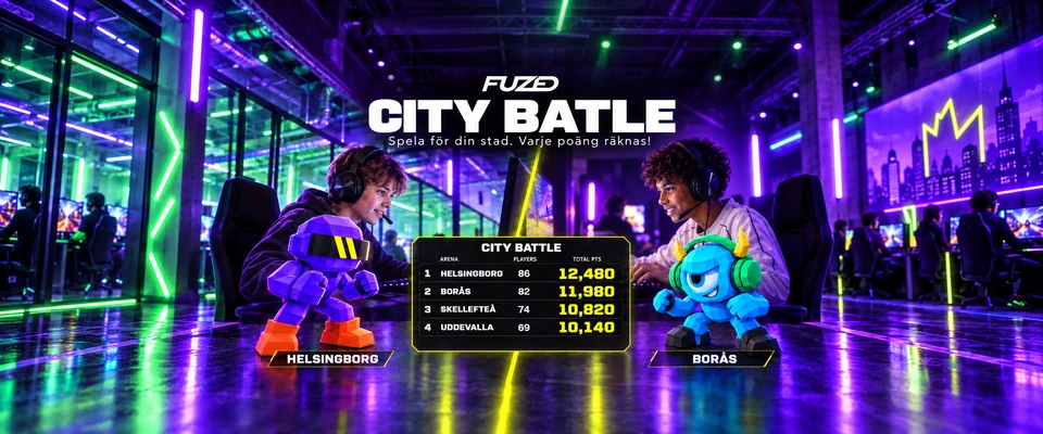 City Battle med spelare, arenamaskotar och en resultattavla för Helsingborg, Borås, Skellefteå och Uddevalla