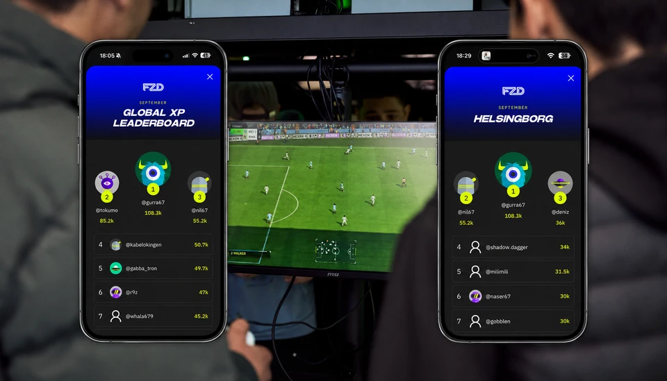 FUZEDs globala XP-topplista på en iPhone till vänster och Helsingborgs topplista på en iPhone till höger, med en FC-match och spelare i mitten